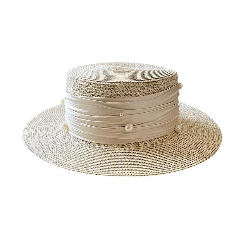 Sporadic pearl sweet small fresh flat top straw hat fashion top hat children spring and summer sun protection straw visor tide