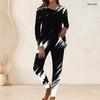 Women Plus Size Black White Printed Round Neck Long Sleeve Longline Top Fitted Pants Two Piece Set