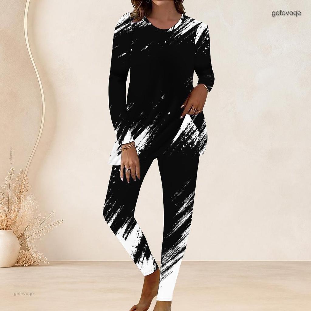 Women Plus Size Black White Printed Round Neck Long Sleeve Longline Top Fitted Pants Two Piece Set