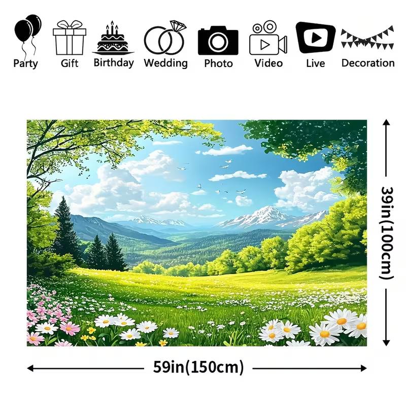 Cute Floral Meadow Tapestry, Sunny Green Field with Daisies, Trees and Snowy Mountain Wall Art