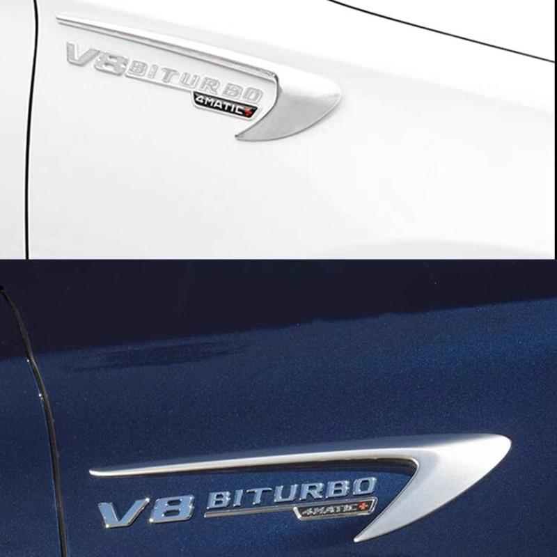 2pcs Vent Fender Trim Emblem Blade Logo V8 BITURBO 4MATIC+ for Mercedes Benz AMG V8 C200 C300 E300 E400 W213 Car Side Stickers