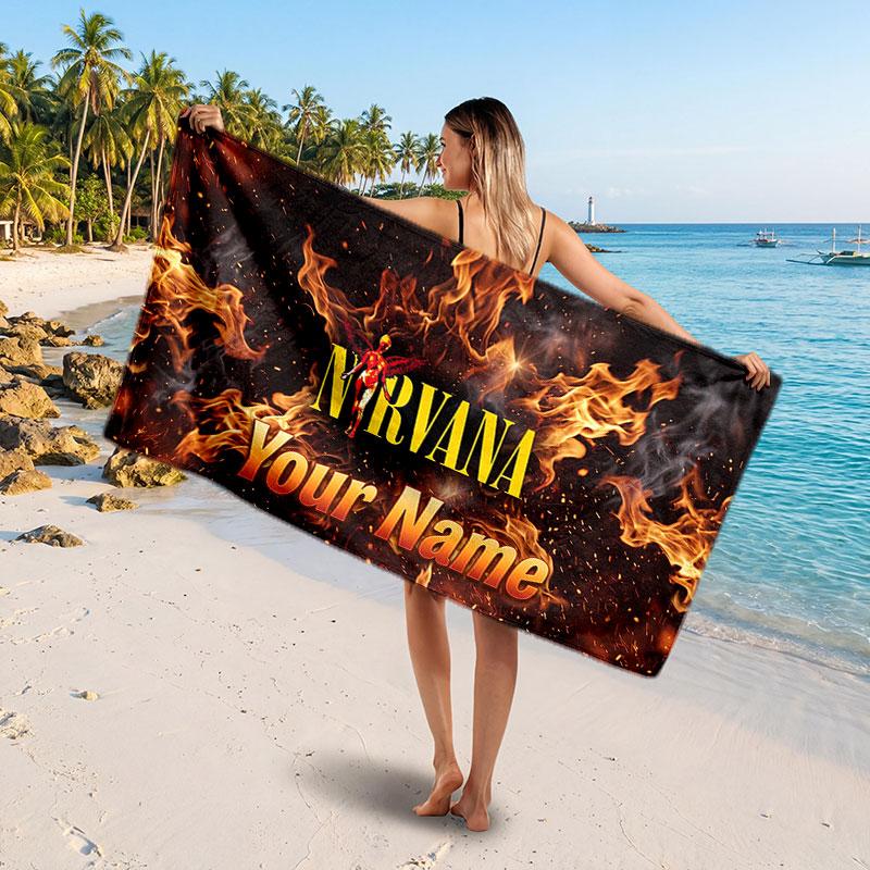 Nirvana Customized Name Text Beach Towel, Soft Absorbent Towel Beach Pool Travel Personal Gift
