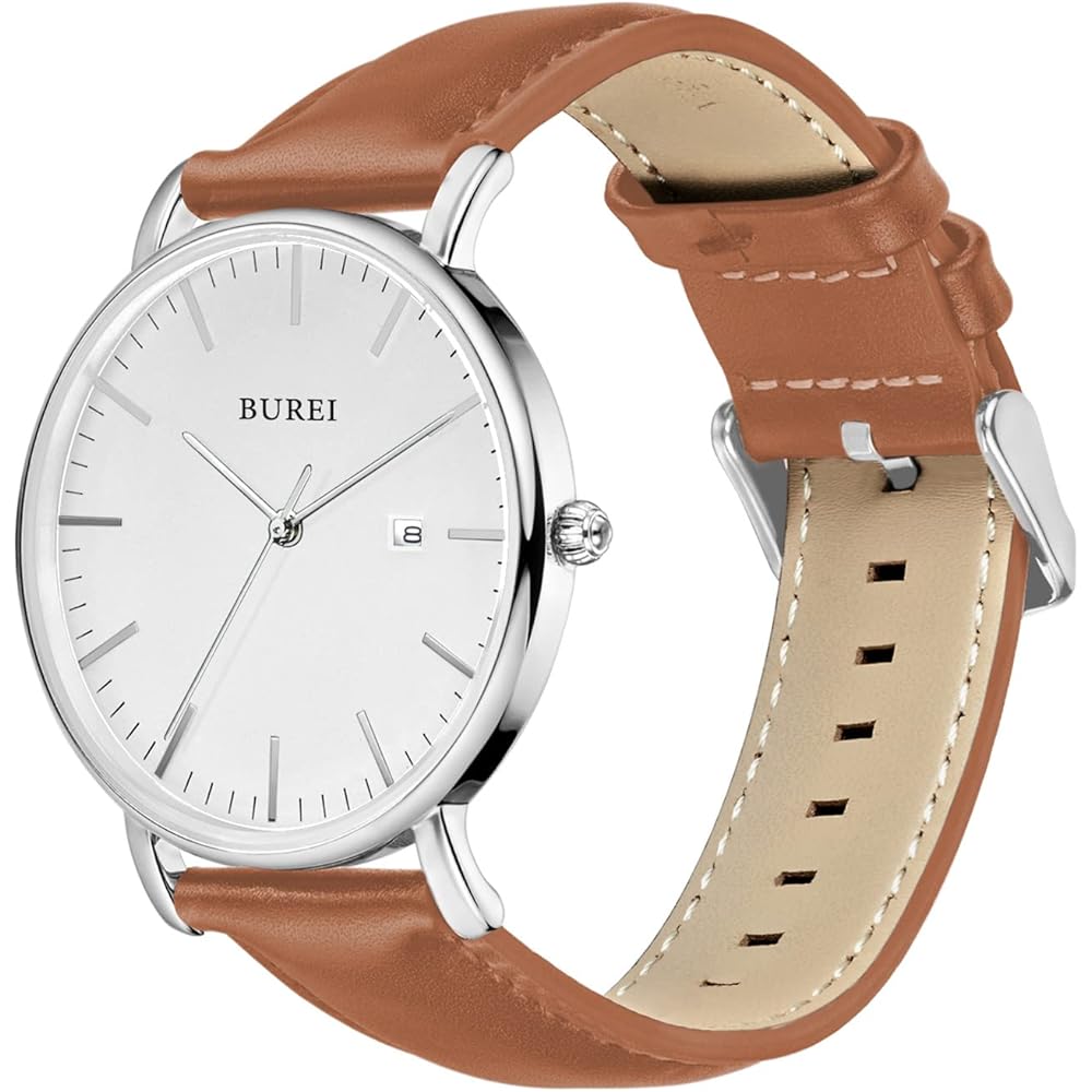 BUREI Men's Simple Business Watch Leather Waterproof Analog Date Stylish Slim Design