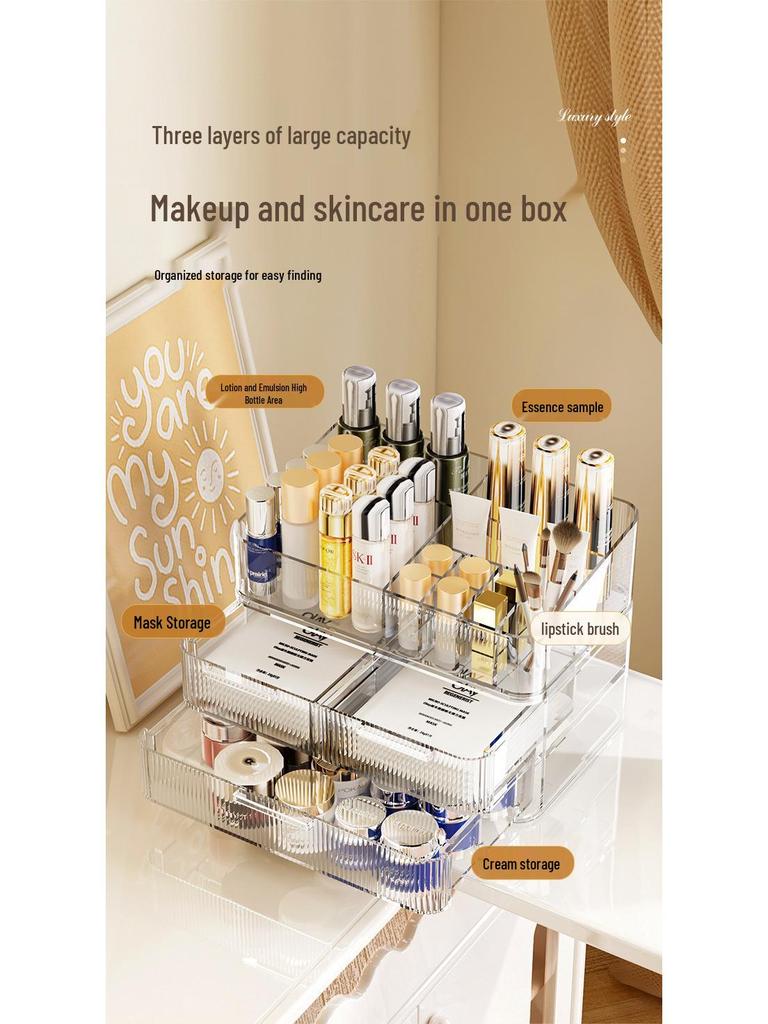 Elegancki dwuwarstwowy pyłoszczelny organizer na kosmetyki z uchylnym wiekiem na makijaż i pielęgnację skóry.