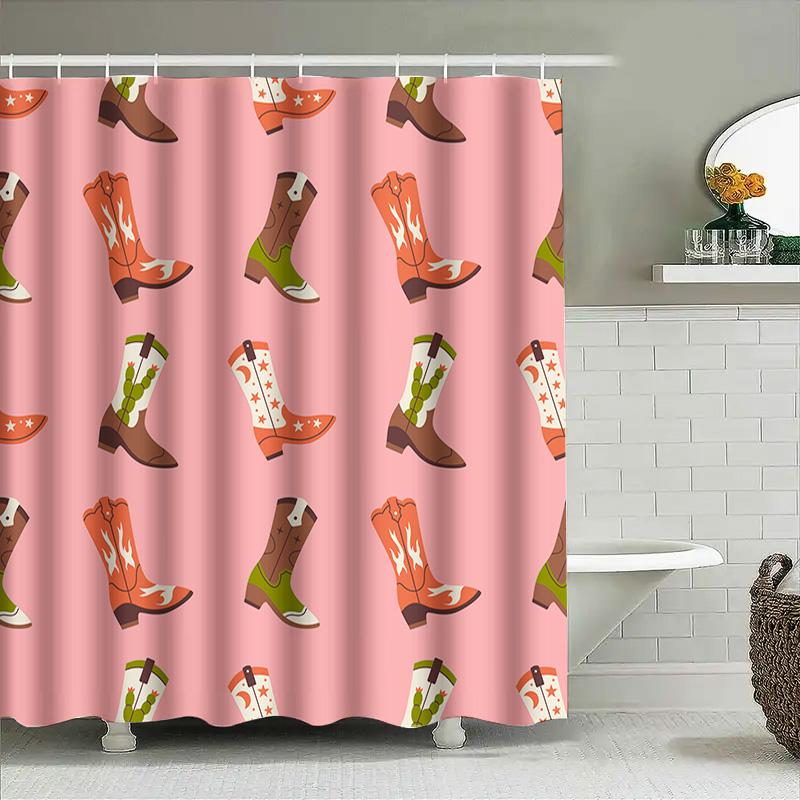 Western Style Shower Curtain Pink Color Boot Print Pattern Waterproof Washable Bathroom Decorative Curtains For Home Decoration