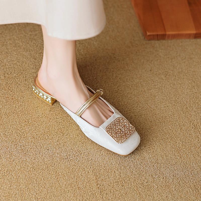 Baotou half slippers women's summer wear one word with square head thick heel cool slippers half tray