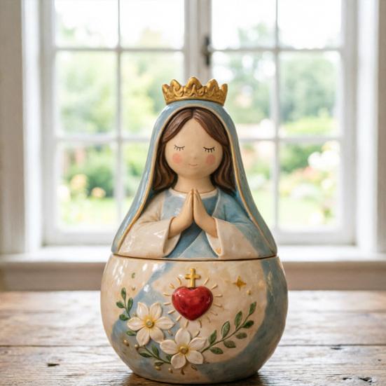 Mini Prayer Figure Jewelry Box Resin Handmade Mary Virgin Jesus Praying Christian Keepsake Box Catholic Gift for Men Women