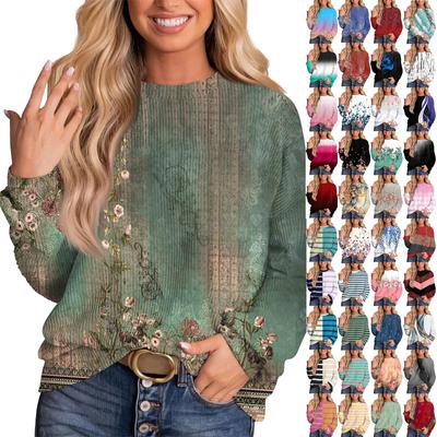 Ladies' Casual Loose Tunic Tops Crewneck Knitted Ribbed Shirts Printing Long Sleeve  Pullover Top