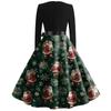 Women's Fashion Round Casual Slim Fit Christmas Print Large Swing Long Sleeve Dress