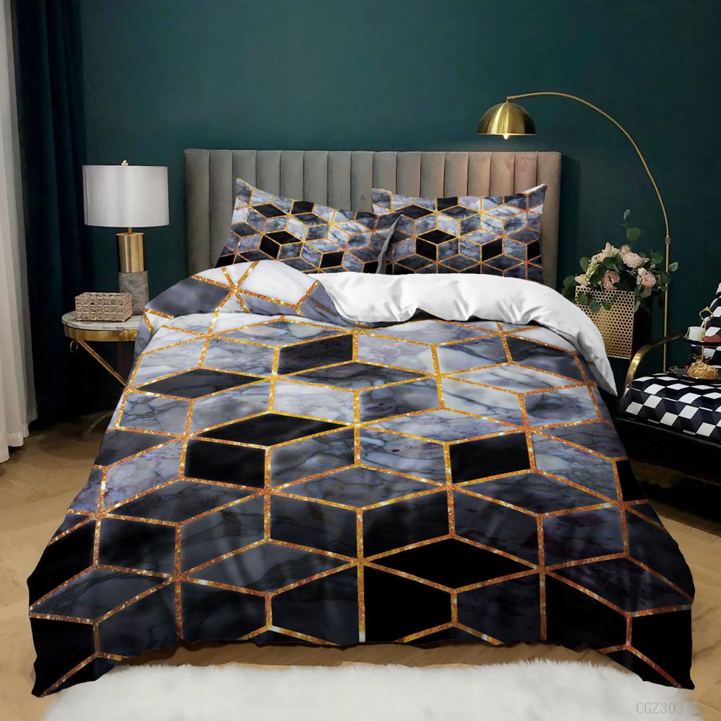 3D Digital Printing Thousand Bird Grid Marble Grid Bed Three-Piece Quilt Cover Sheets
