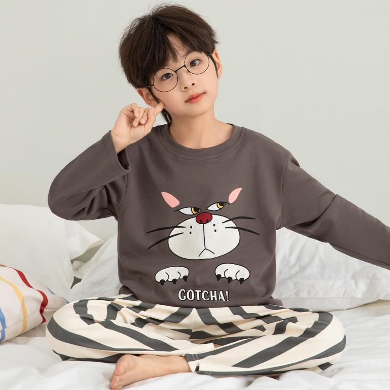 Boys Cotton Pajama Set Long Sleeve Cartoon Print Sleepwear Kids Teens Home Wear