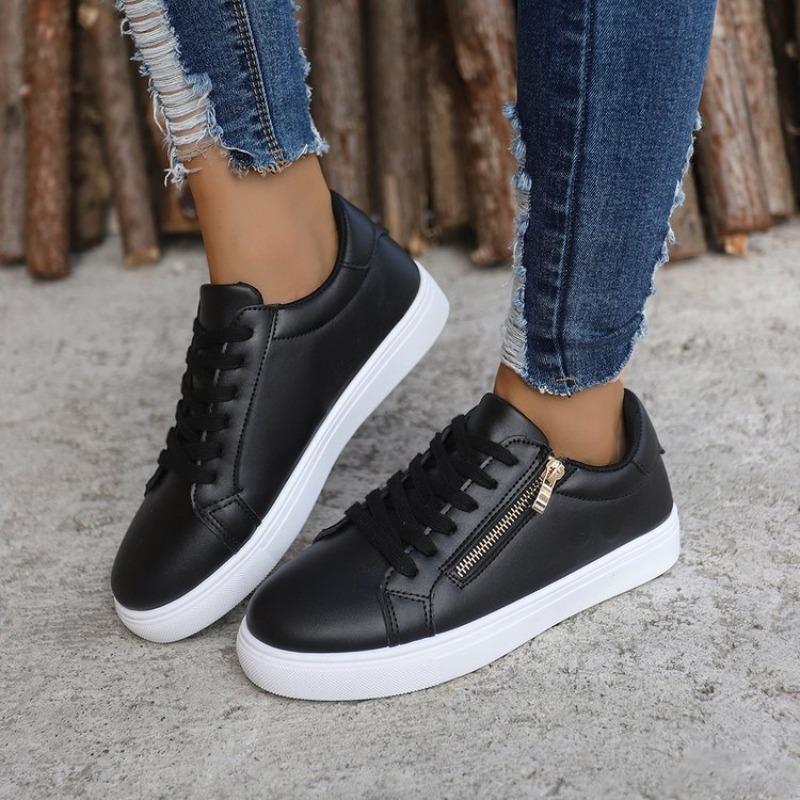 Fashion Comemore Women's Flat Bottom Sneakers Fashionable Leather Side Zip White Black Casual Tennis Female Autumn Lace Up Zapatillas