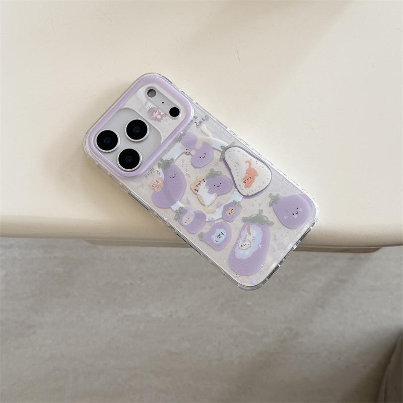 Glitter Eggplant Magnetic Cat Stand for iPhone 17/16 Pro Max/15/14 Case