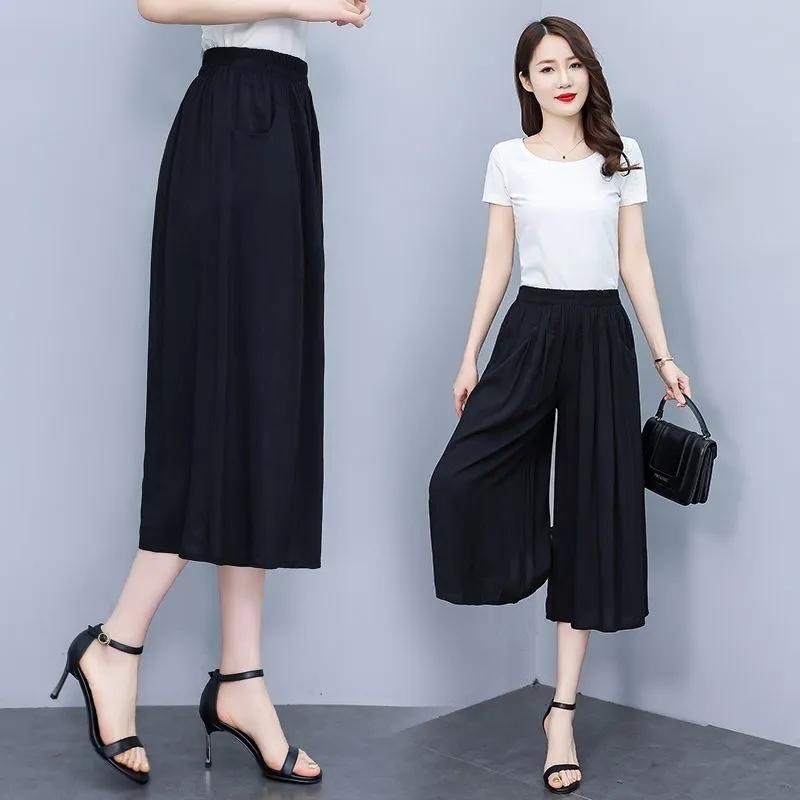 Summer Wide Leg Pants Women Ethnic Style Elastic High Waist Print Pants Female Casual Summer Calf-Length Pants Skirts