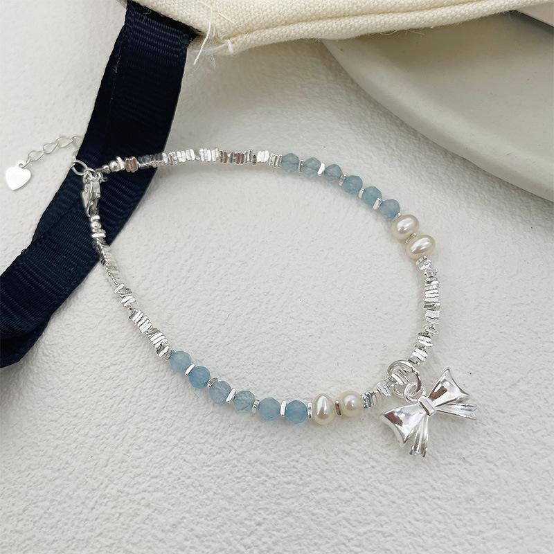 S925 Sterling Silver Freshwater Pearl Bracelet with Aquamarine Bow - Elegant Women's Jewelry