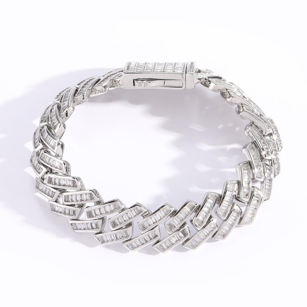 Hip Hop Jewelry 16mm Wide Iced Out Baguette Zircon Rhombus Prong Cuban Link Chain Bracelet for Men