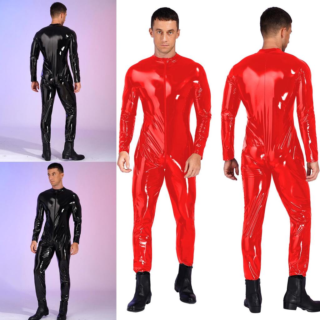 Mens Long Sleeve Bodysuit Jumpsuit Stand Collar Patent Leather Shiny Catsuit Party Clubwear