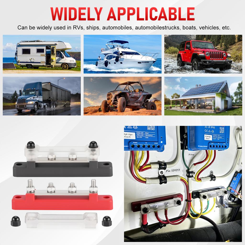 Bloc de distribution d'alimentation à 4 bornes 48V 150A Goujon M6 1/4" Barre omnibus en cuivre nickelé Pour câblage marin, automobile, camping-car, solaire Borne rouge