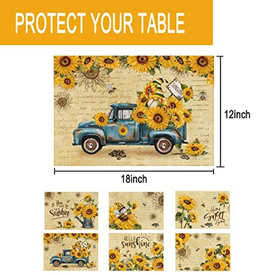 Sunflower Linen Square Spring Placemats Set of 6 Sunflower Kitchen Decor Vintage Spring Summer Sunshine Gnome Truck Table Mats