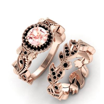 Fashion Women 'S Flower Leaf Inlaid Powder Zircon Ring Creative Rose Gold Color Leaves Design Bridal Engagement Wedding Ring Set