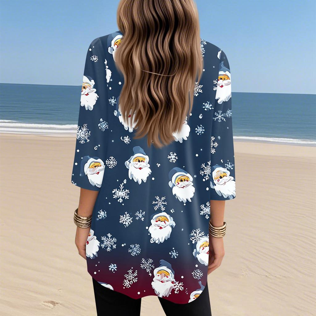 Womens Tops V-neck 3/4 Sleeve Blouses Casual Mid-length Shirts Fashion Christmas Print Tunic Tops With Pockets