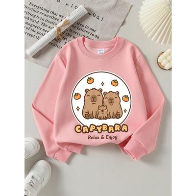 European Sizes Capybara Family Relax Enjoy Girls' Crew Neck Sweatshirt, Western Style Top, Long Sleeved T-Shirt, Casual for Little Girls.