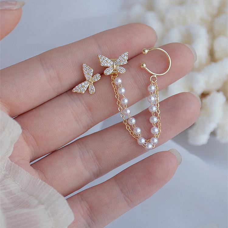 

S925 Серебряные иглы, серьги-клипсы с двумя бабочками, цельные жемчужные цепочки, серьги-гвоздики с кисточками, женские личностные серьги-суперфеи