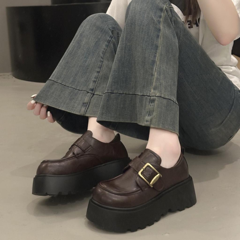 [Uncle Shoe] Height-increasing Flat-soled Single Shoes 20257cm Muffin Loafers Women's Spring and Autumn Small Leather Shoes Thick-soled British