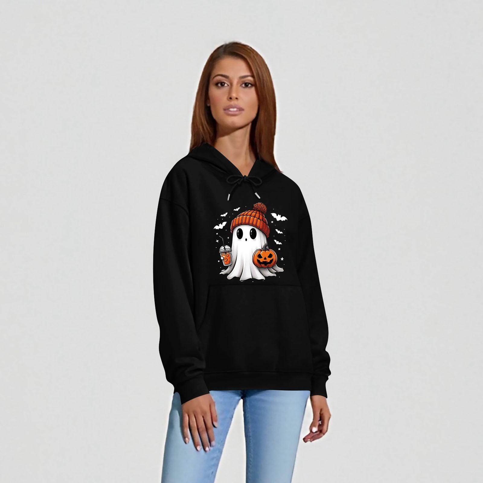 

Женская однотонная толстовка с капюшоном с длинным рукавом и принтом на Хэллоуин XXL чёрный