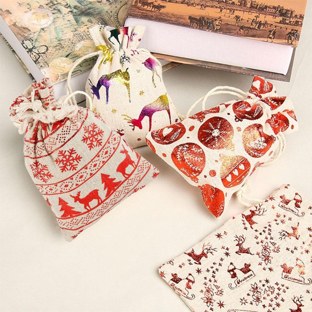 50PCS Christmas Gift Bags Drawstring Reusable Candy Bag Cotton Linen Bag Santa Sacks