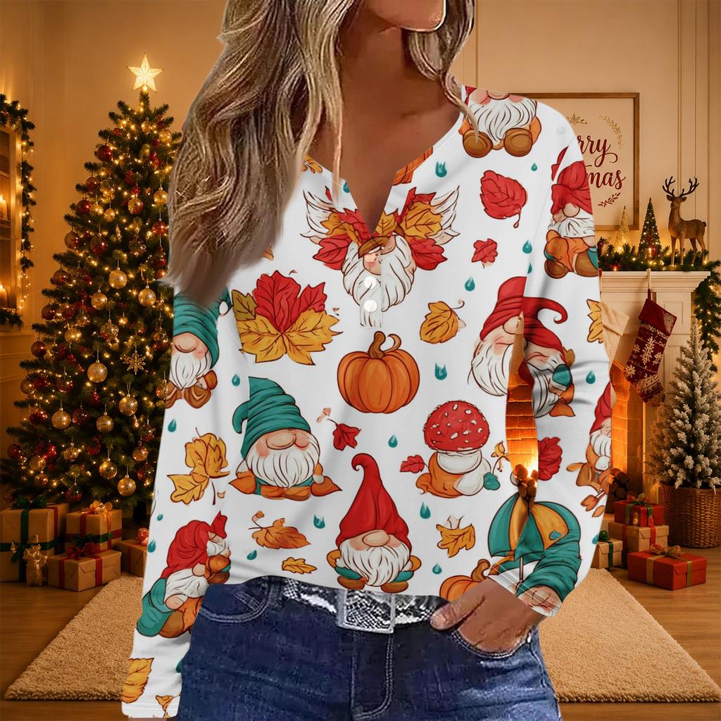 Women's Christmas Print V-Neck Long Sleeve Button Casual T-Shirt Tunic Blouse