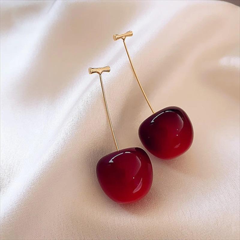 Red Big Cherry Long Earrings Light Luxury Niche Design High-end Temperament Earrings Autumn and Winter Explosion Simple Stud Ear