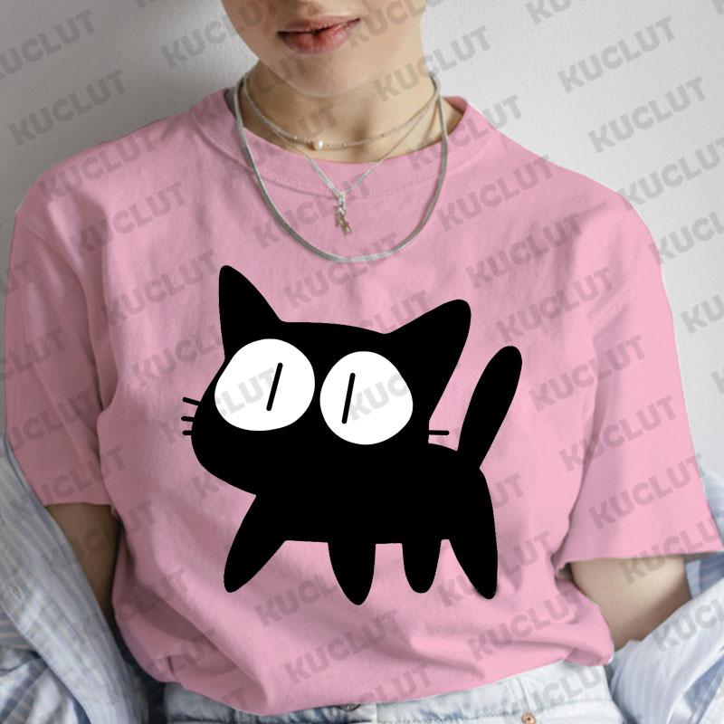 T-Shirt für Damen Schwarze Katzen Print Mode T-Shirt Lässig Rundhals Kurzarm Streetwear Damen T-Shirt Vintage Tee Oberteile