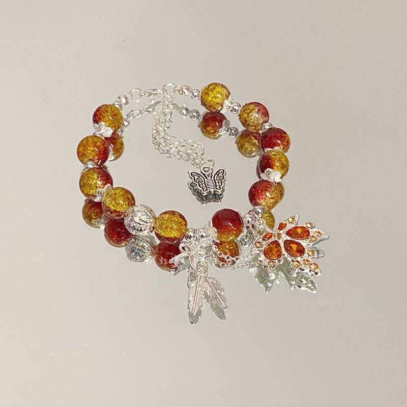 New Trendy Red Crystal Beaded Maple Leaf Bracelet for Women Fashion Butterfly Feather Pendant Bracelet Friendship Zircon Gift
