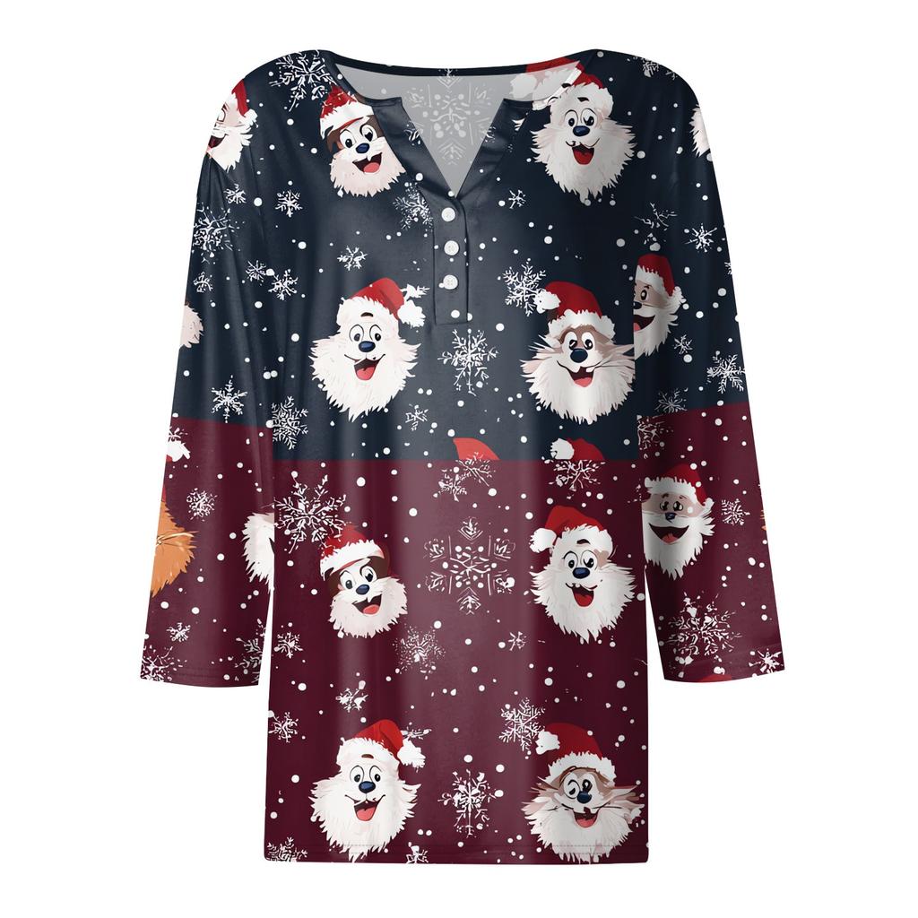 Women's T Shirt Tee Christmas Printed Button 3/4 Sleeve Tunic Daily Weekend Fashion Basic V- Neck Regular Top