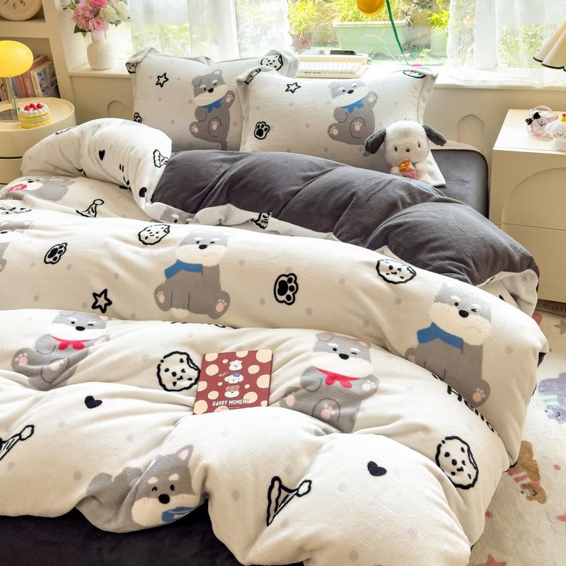 Thickened Milk Fleece Four-Piece Set, Coral Flange Double-Sided Fleece Quilt Cover, Bed Sheet, Bed Hat Three-Piece Set