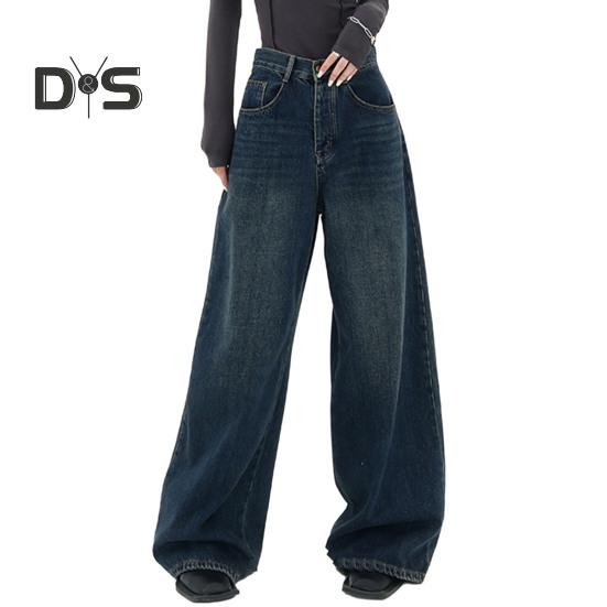 

Женские джинсы в стиле ретро с высокой талией, прямые широкие брюки, длинные брюки с карманами, темные цветные джинсовые брюки большого размера, уличная одежда XL темно-синий