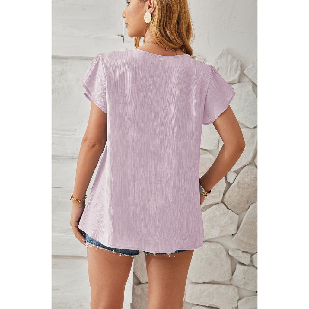 Frühling Sommer Neue Damen Locker Bluse Europäischer & Amerikanischer Stil V-Ausschnitt Metallisches Gewebe Blütenblatt Ärmel Lässiges Oberteil