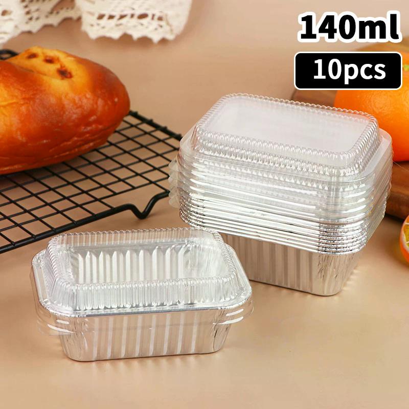 10 Stück Einweg Rechteckige Aluminiumfolien Backformen mit Deckeln für Kuchen Muffins Brot Lebensmittelaufbewahrung Mitnahmebehälter