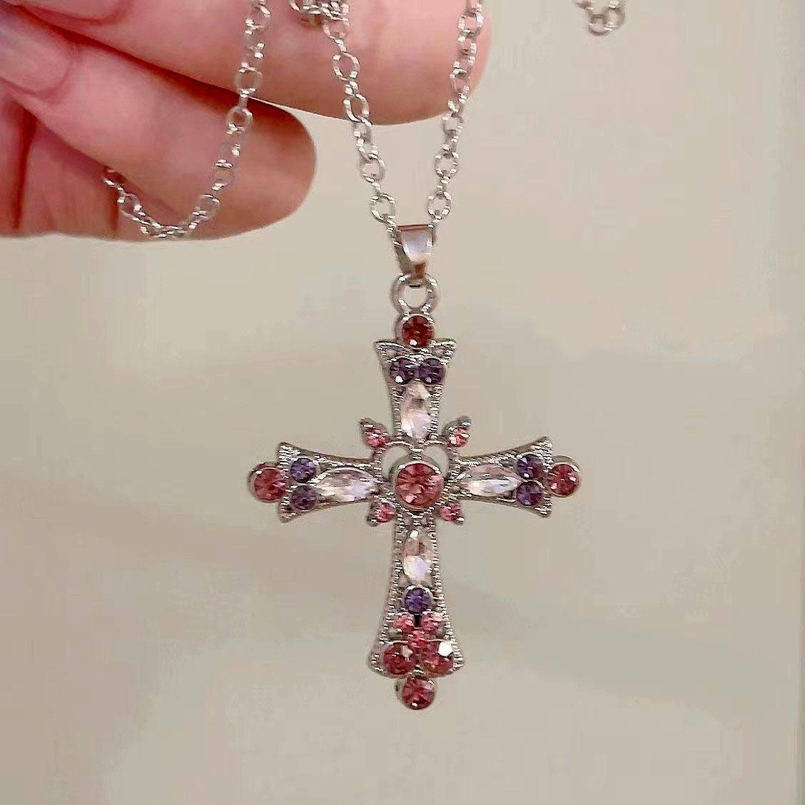 

Zircon Cross Necklace Pink Purple Love Heart Cross Pendant Necklaces for Women Gothic Jewelry Party Girls Accessories