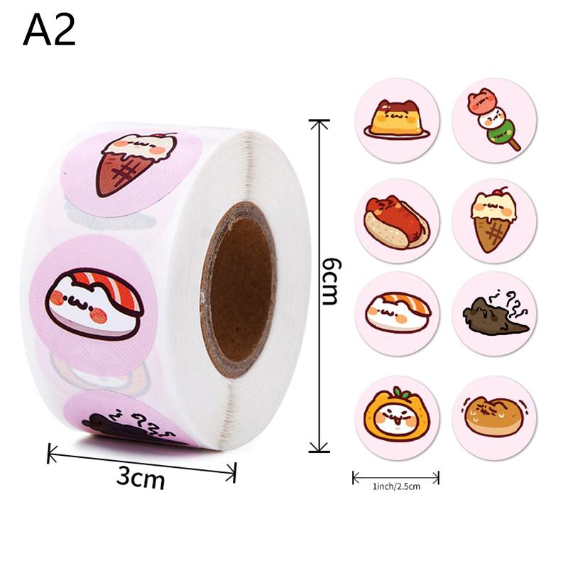 500Pcs/Roll 2.5Cm/1Inch Circular Cute Cartoon Sushi Pattern Decorative Sticker Baked Dessert Lunch Box Label Decor Sticker