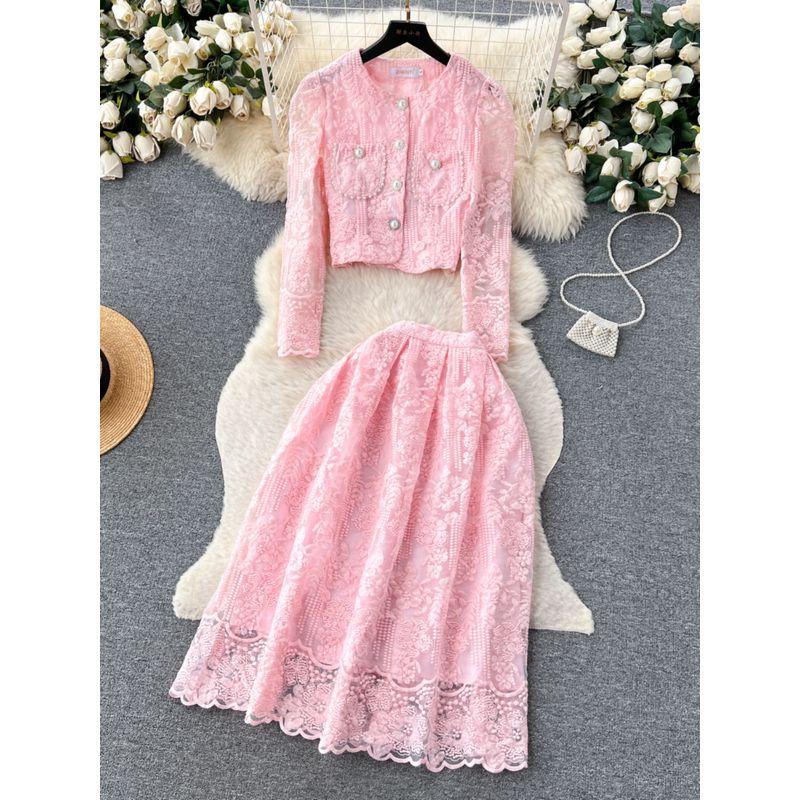 Classic Style round Neck Puff Sleeves Large Swing Autumn Clothing Lace