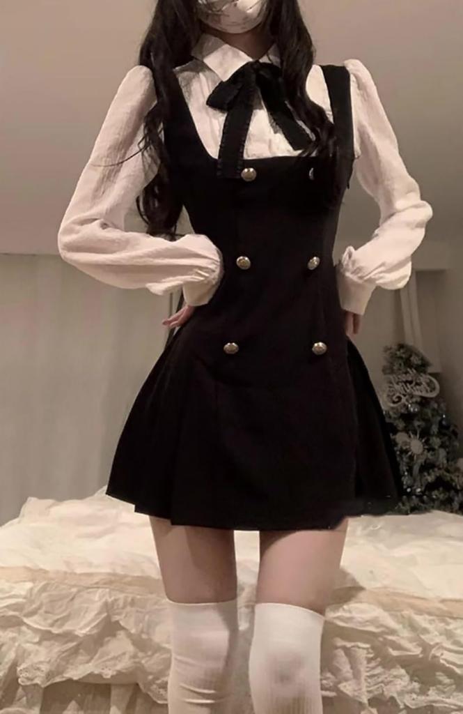 LAVASEON Korean Style Docking Mini Bow Tie Long or Short Schoolgirl Cute High Elegant Women's Dress, Dress, Detail, Sleeve, Style, Ruffles, Waist,