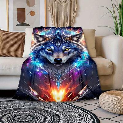 1pc Cozy Wolf Print Blanket Flannel Blanket For Sofa, Bed, Travel, Camping, Living Room, Office, Couch, Chair