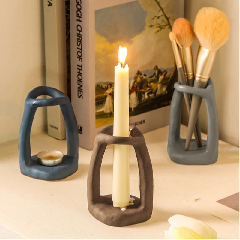 Nordic Home Desktop Storage Decorations Ceramic Creative Pen Holder Candlestick Makeup Pen Storage Shelf Multi Functional