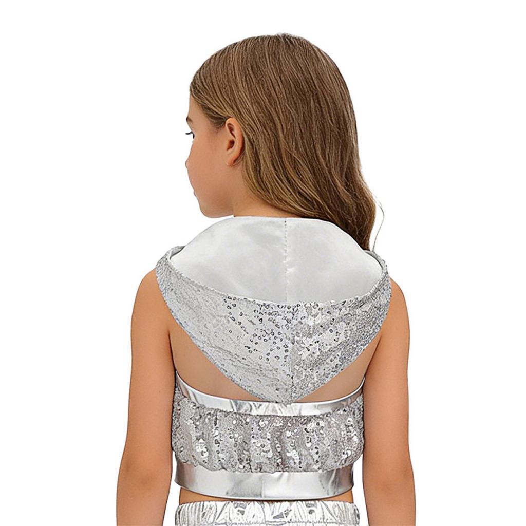 Sparkling Sequins Hip-Hop Jazz Top: Sleeveless Backless Hooded Crop Top with Front Zipper for Stage Dance Costume