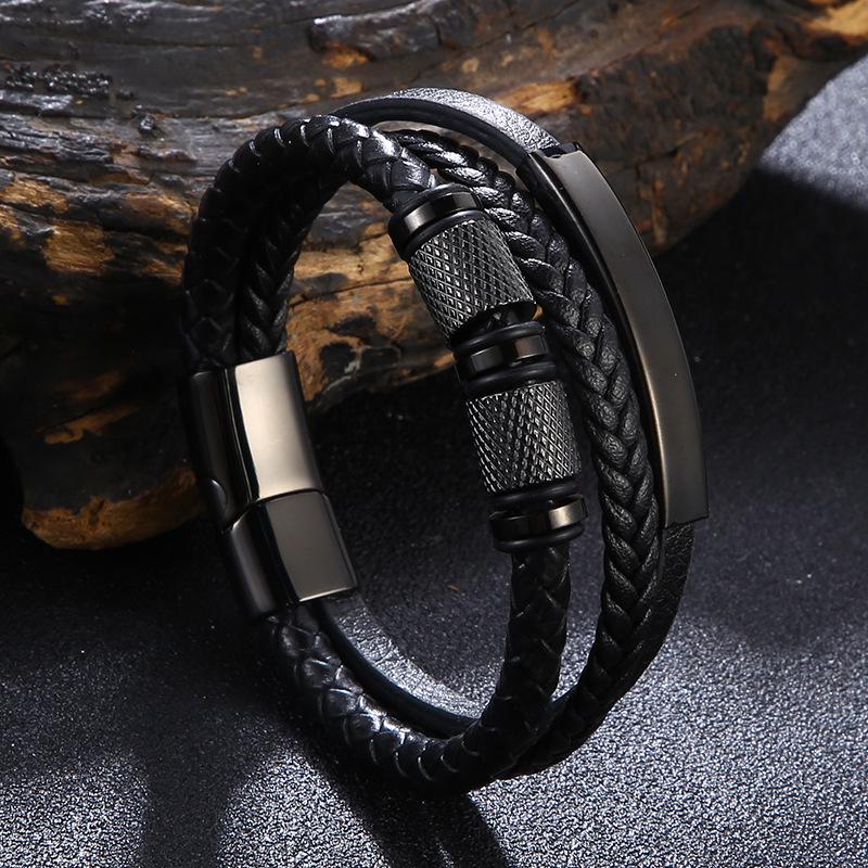Men's Multi-layer Woven Leather Punk Bracelet with Stainless Steel Hip Hop Accents