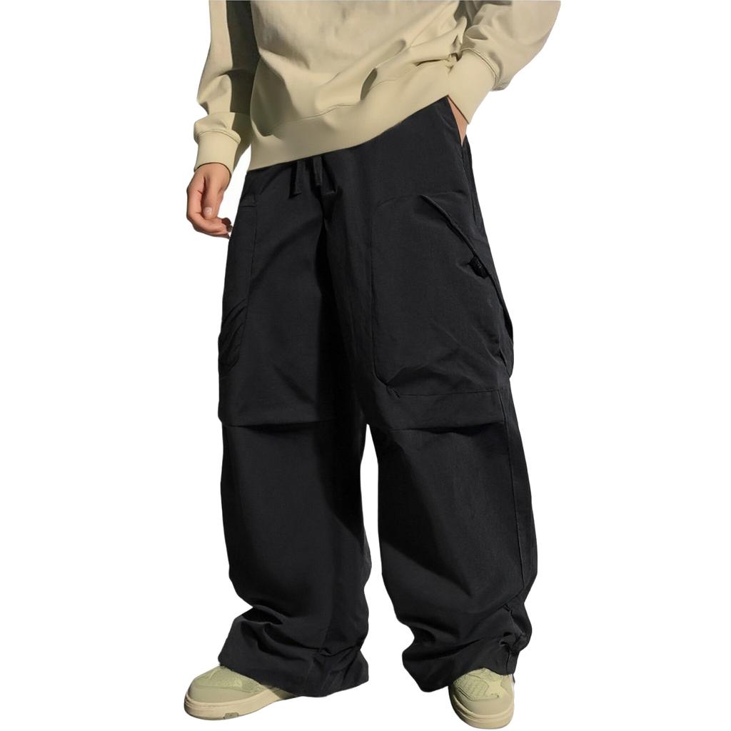 Men's Casual Solid Color Multi-pocket Cargo Pants, Men's Knee-pleated Elastic Waist-cinching Loose Straight-leg Trousers