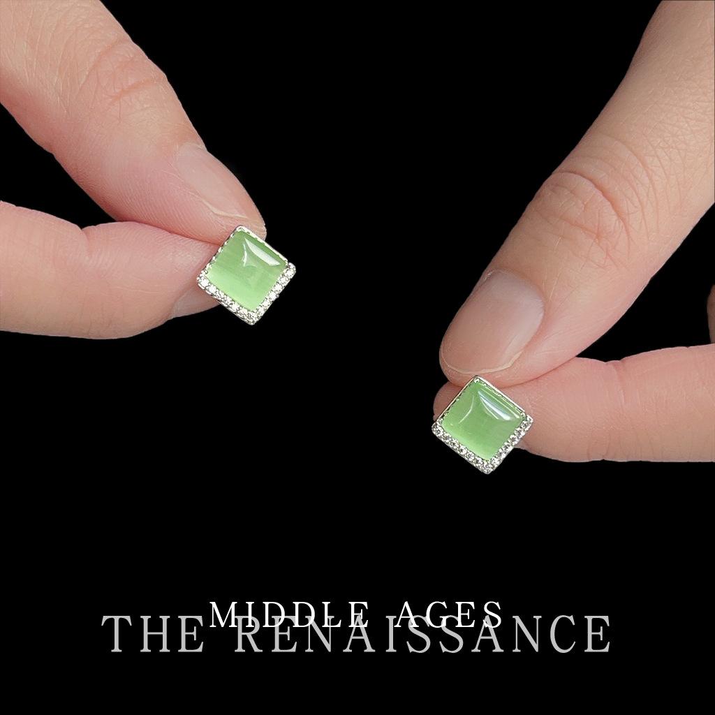 Micro-inlaid zircon square green glass opal stud earrings simple versatile earrings women