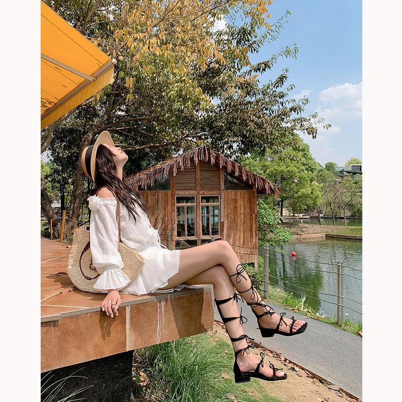 [Spot] Summer New Holiday Style Bow Cross Strap Cool Boots Women's High Open-toed Roman Sandals